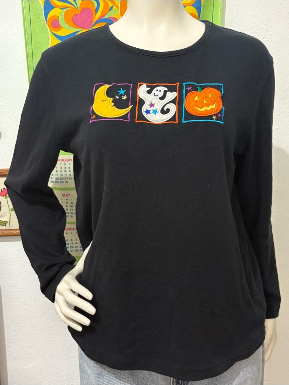 Women’s Vintage Black Halloween Embroidered Pumpkin Ghost Long Sleeve Top